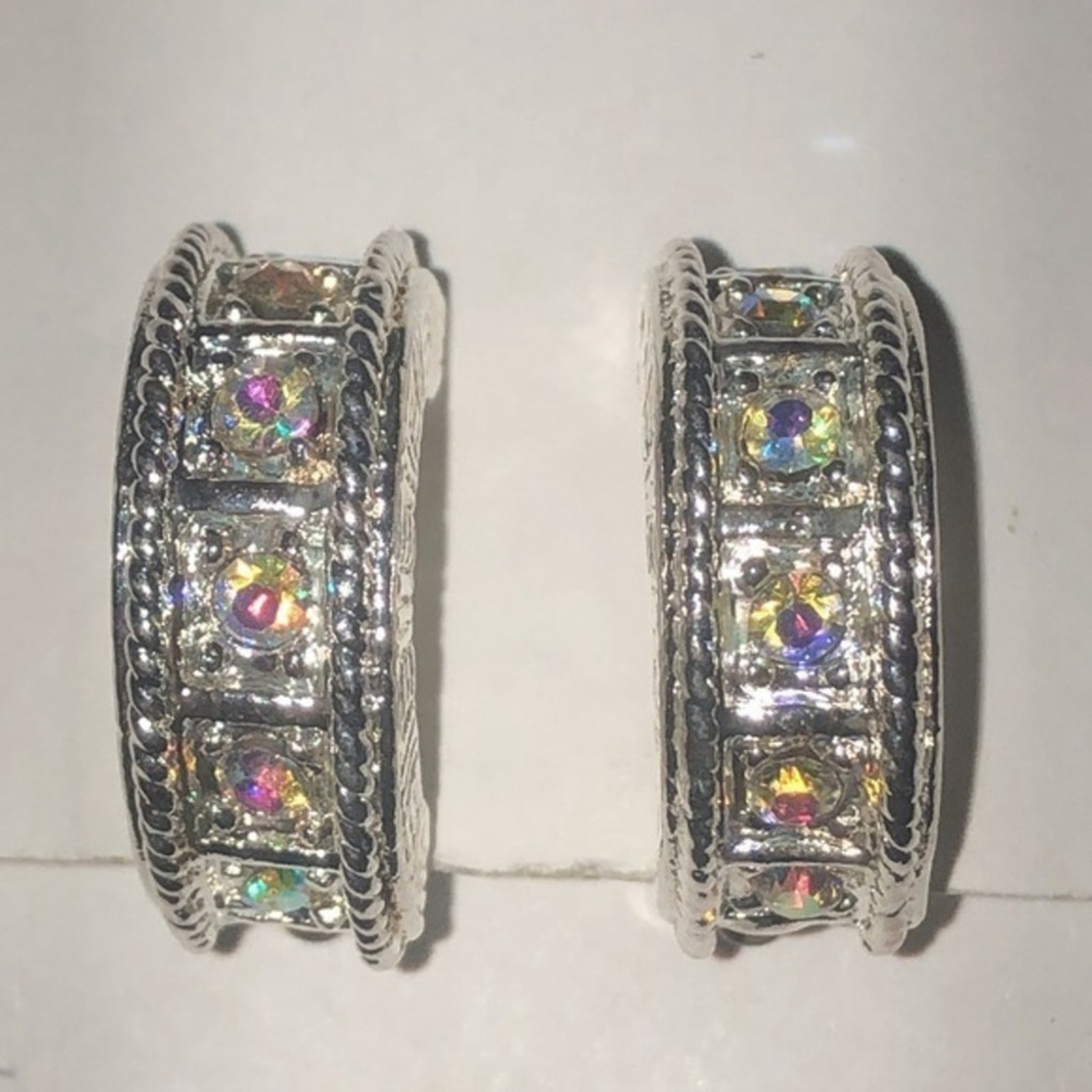 Vintage Silver Tone AB CZ Rhinestone Hoop Clip On Earrings